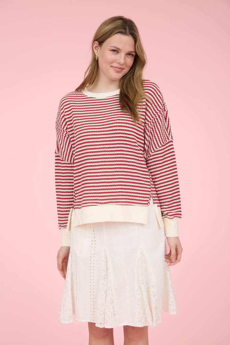 Red/Cream Striped Exposed Seam Knit Top