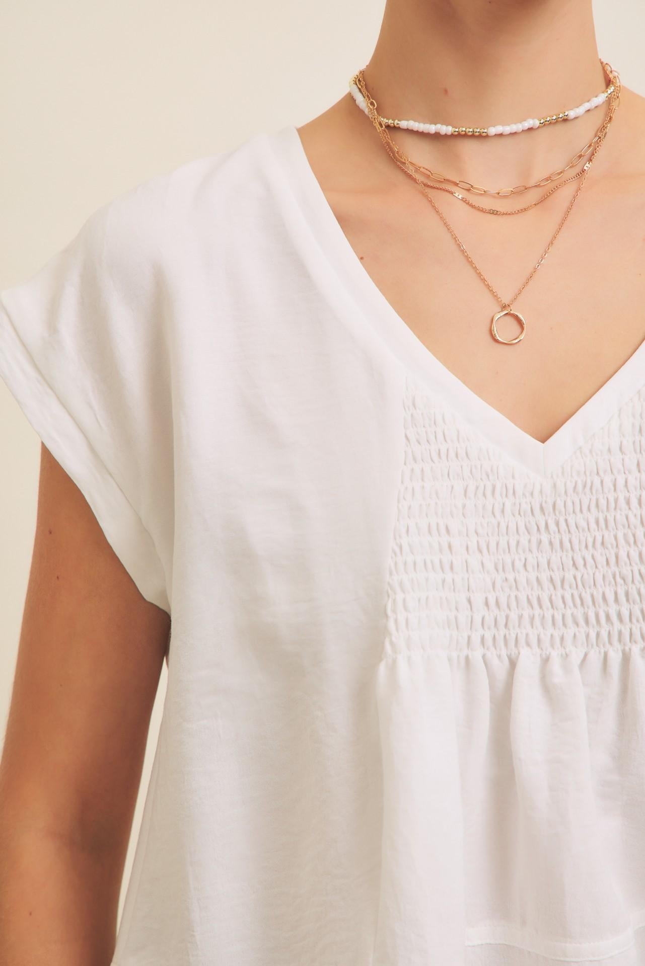 Flowy Oversized Blouse With Smocked Detail - White
