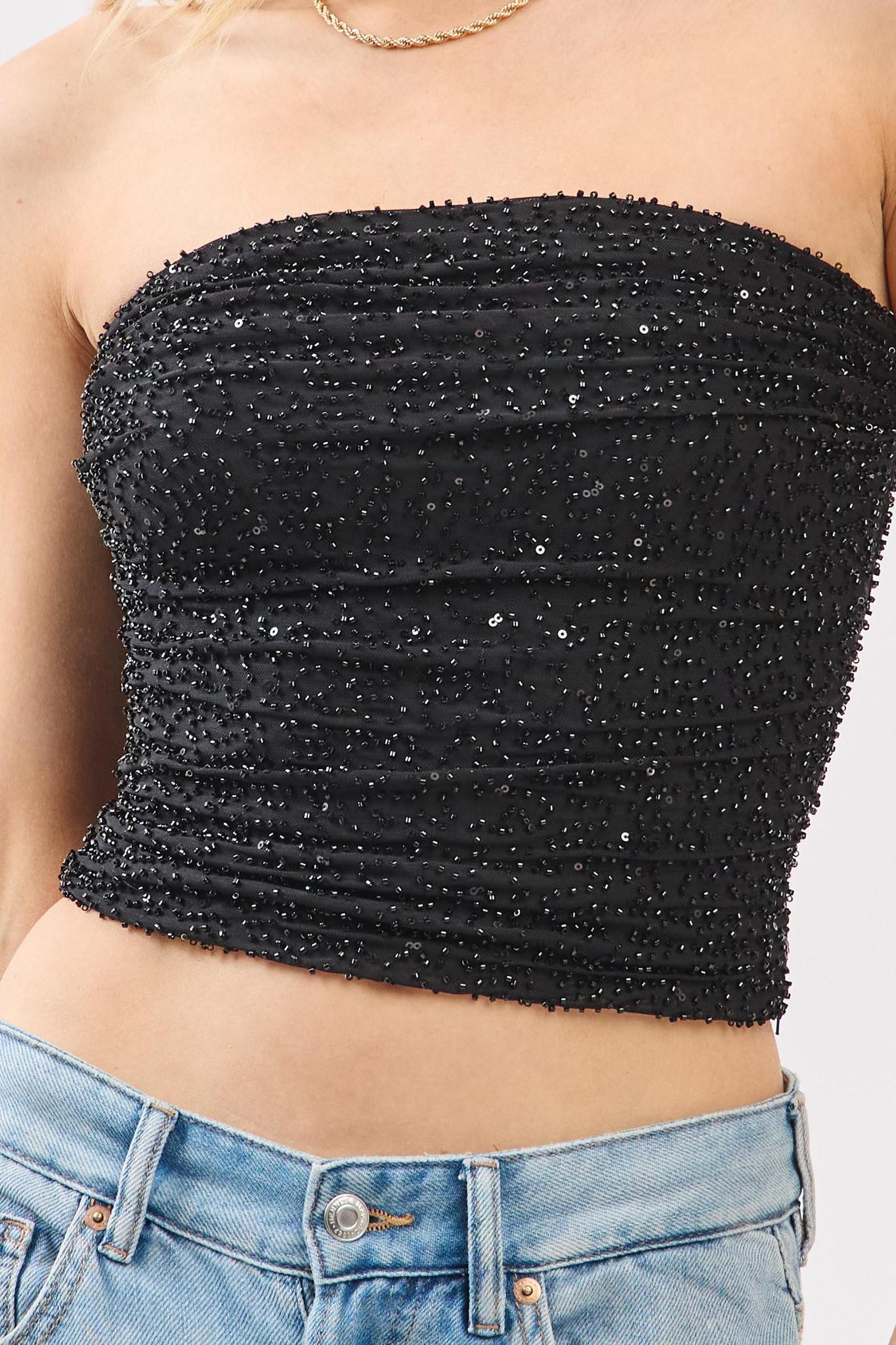 Black Power Mesh Beaded Tube Top