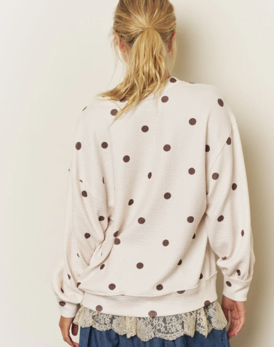 CREAM - POLKA DOT LONG SLEEVE TEXTURED KNIT TOP
