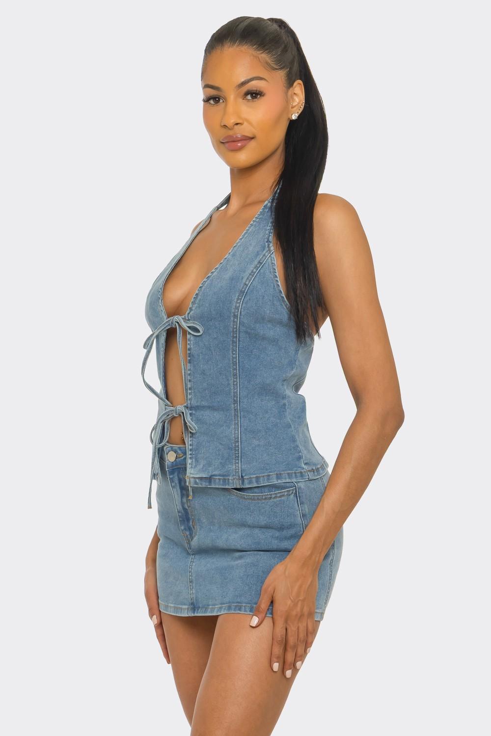 Halter Neck Front Tie Top And Mini Skirt Set