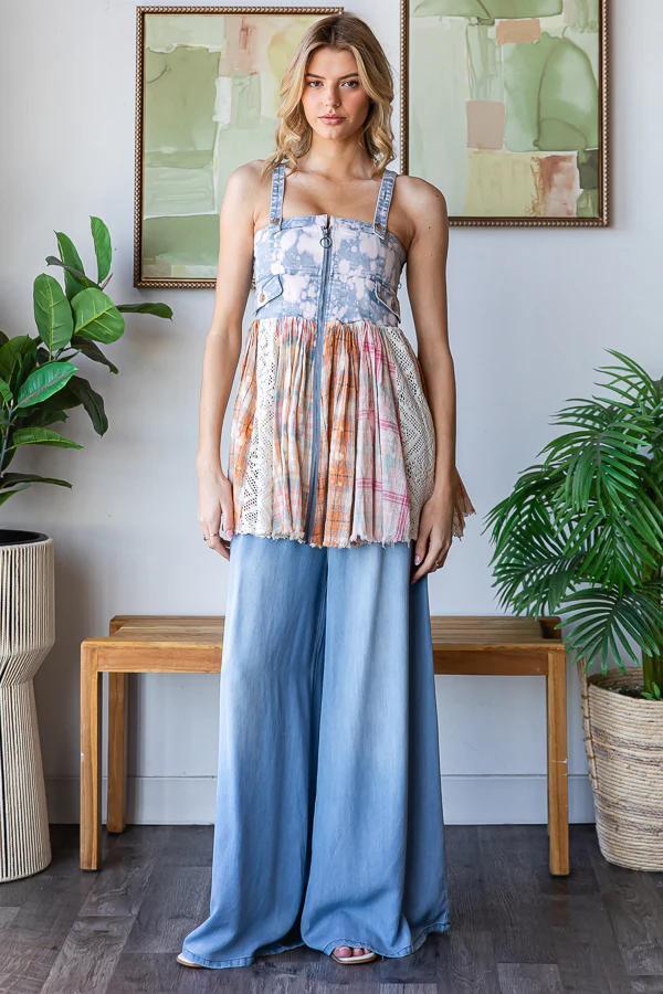 Washed Plaid Zip Front Denim Top