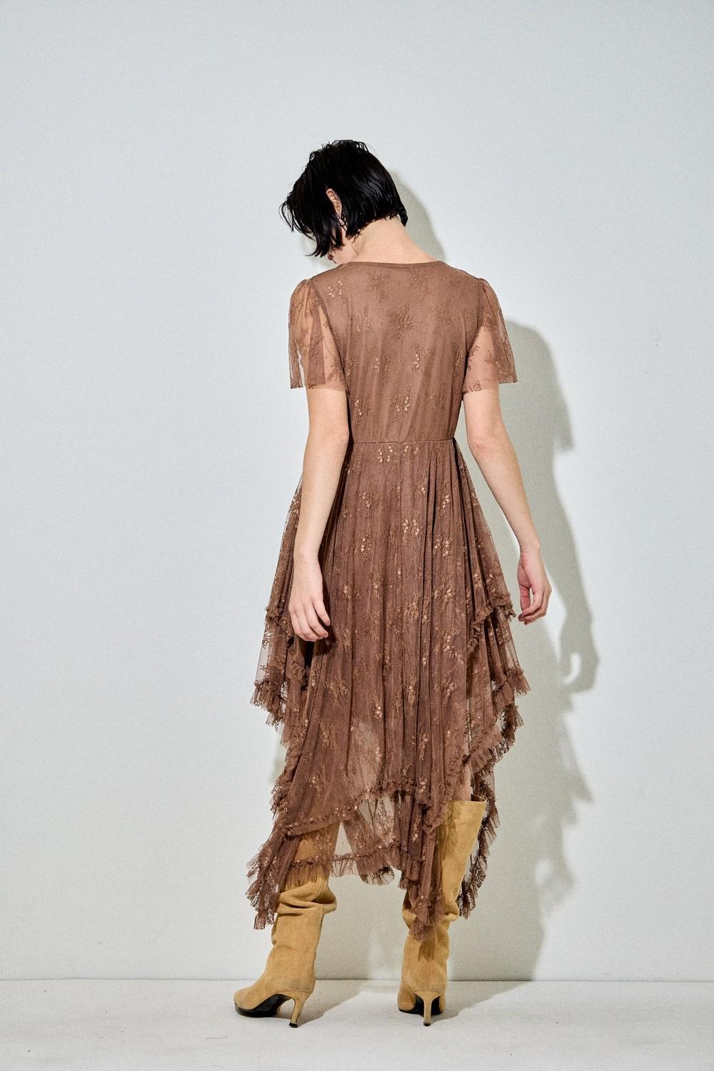 Brown Embellished Lace Hem Dress