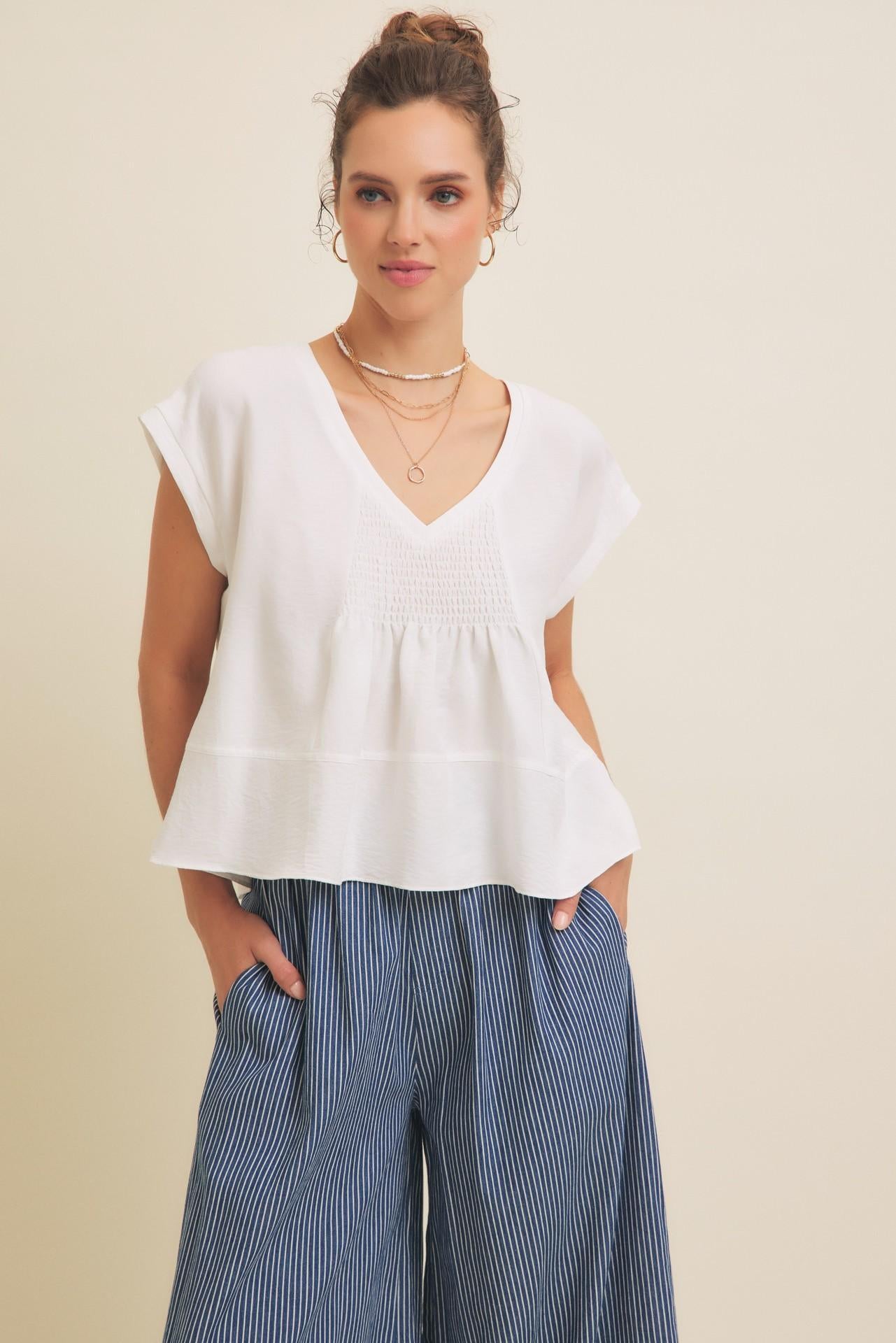 Flowy Oversized Blouse With Smocked Detail - White