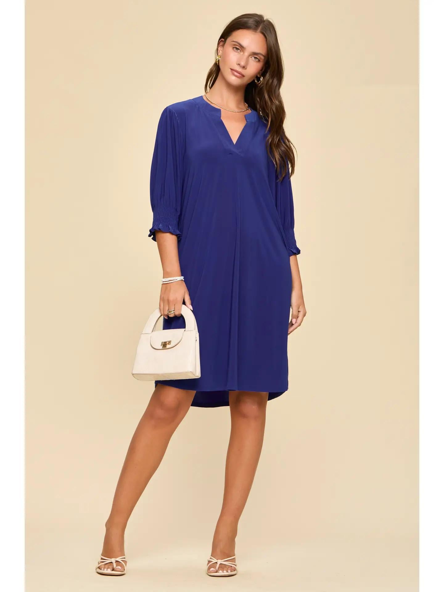 Royal Blue Smocked Sleeve Lizzy Collar Shirt Dress