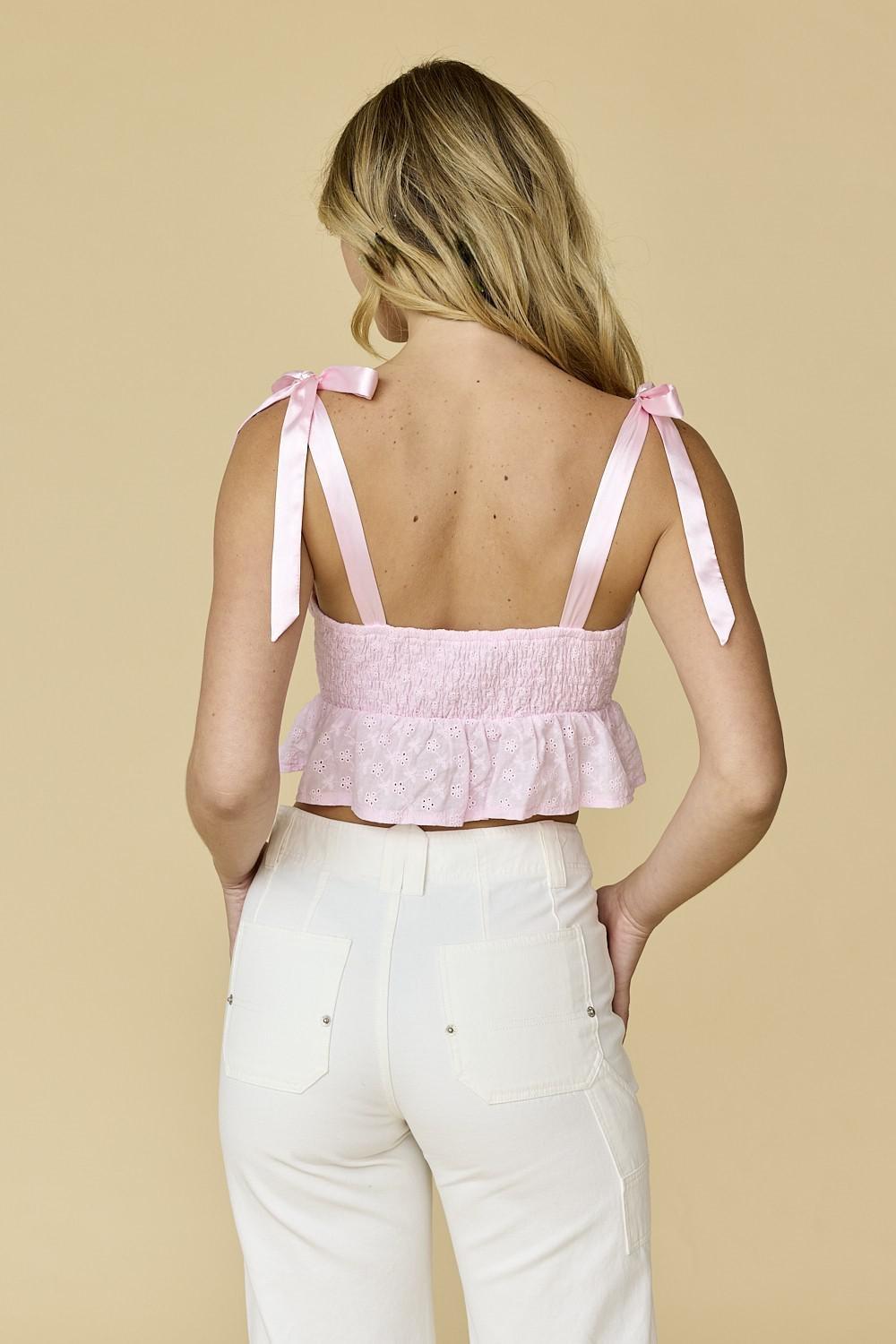 Aurora Shoulder Tie Smocked Waist Eyelet Top