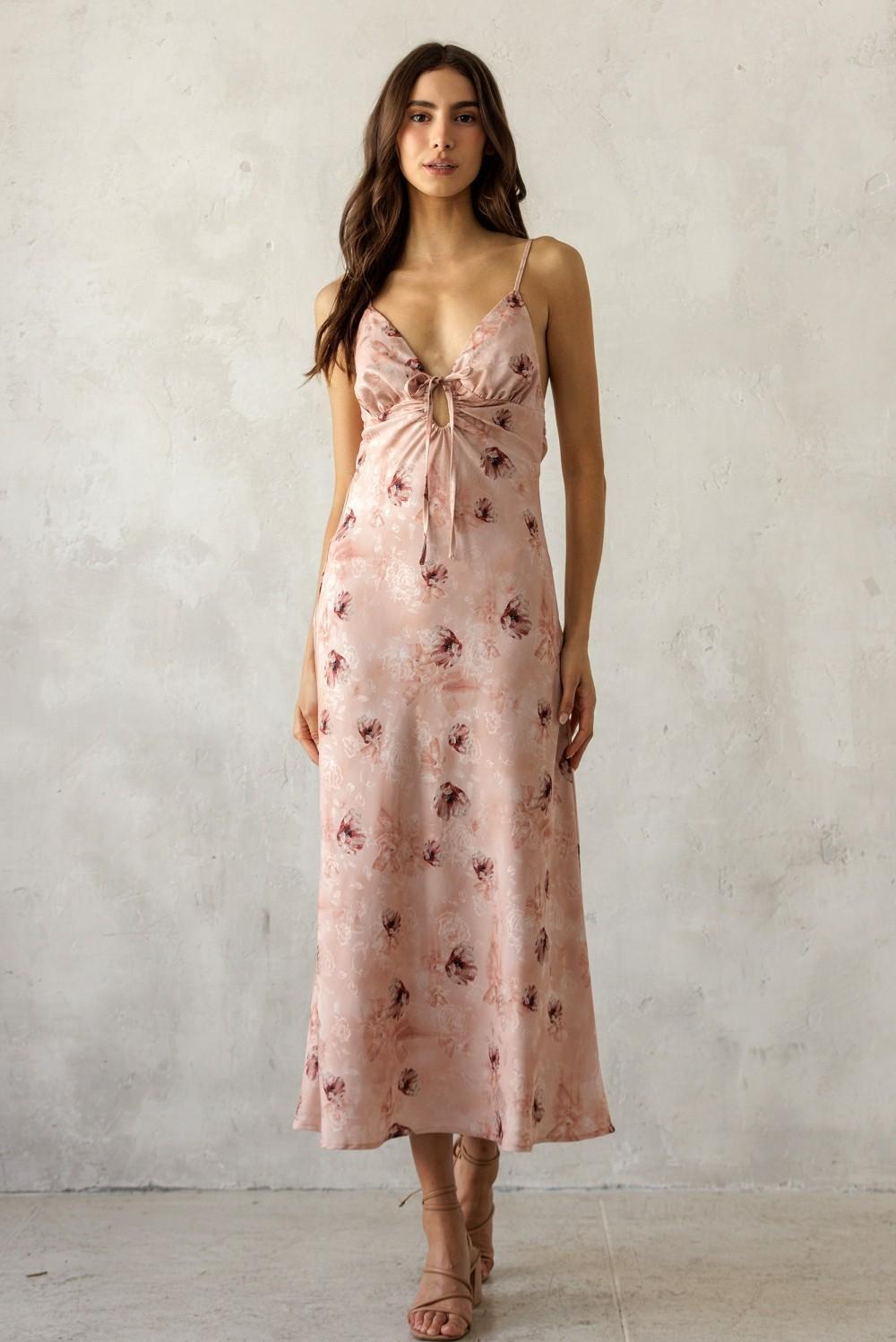 Rose Mauve Satin Floral Tie Front Midi Dress