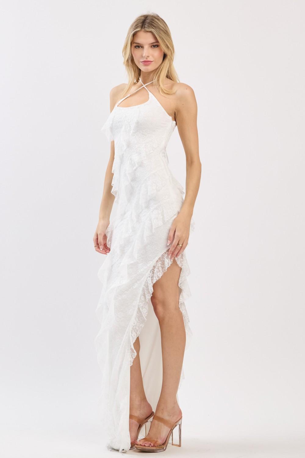 White Lace Halter Neck Ruffle Maxi Dress
