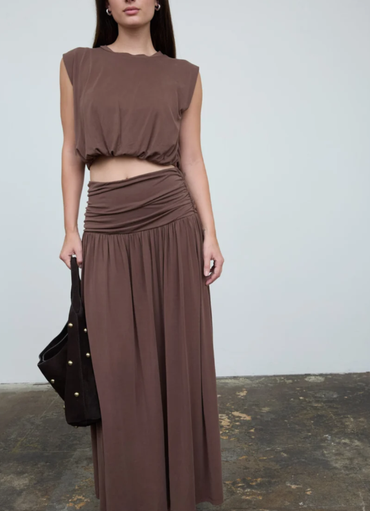 BROWN WIDE GATHERED WAISTBAND KNIT MAXI SKIRT