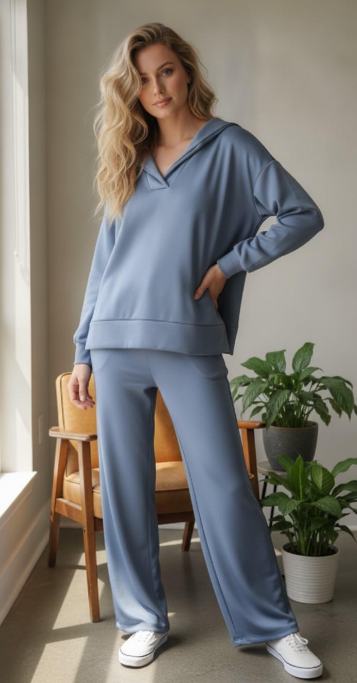 Navy Soft Cupro Pullover And Wide Leg Pants Set