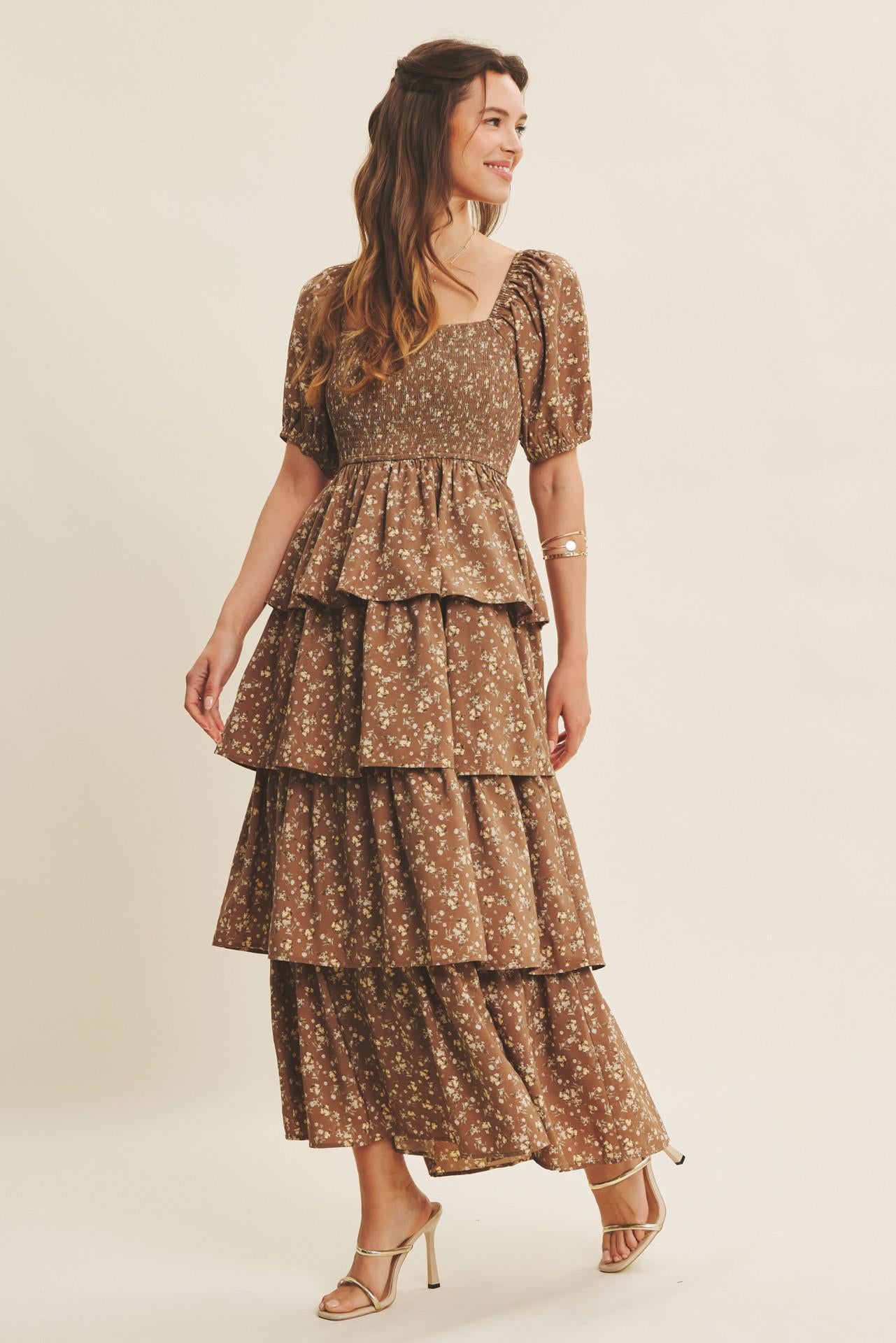 Victorian Mocha Smocked Maxi Dress