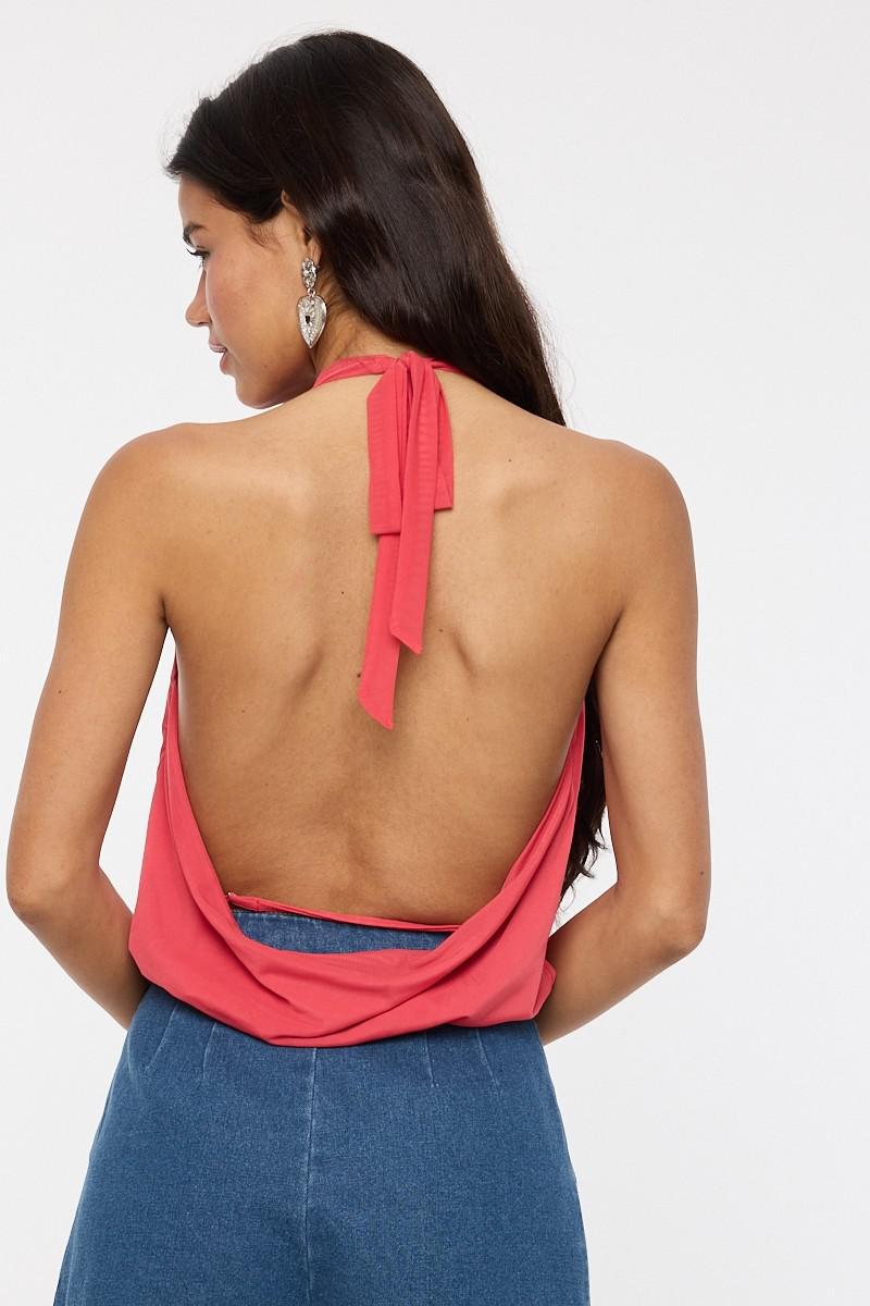 Red Halter Tie Back Strap Mesh Top