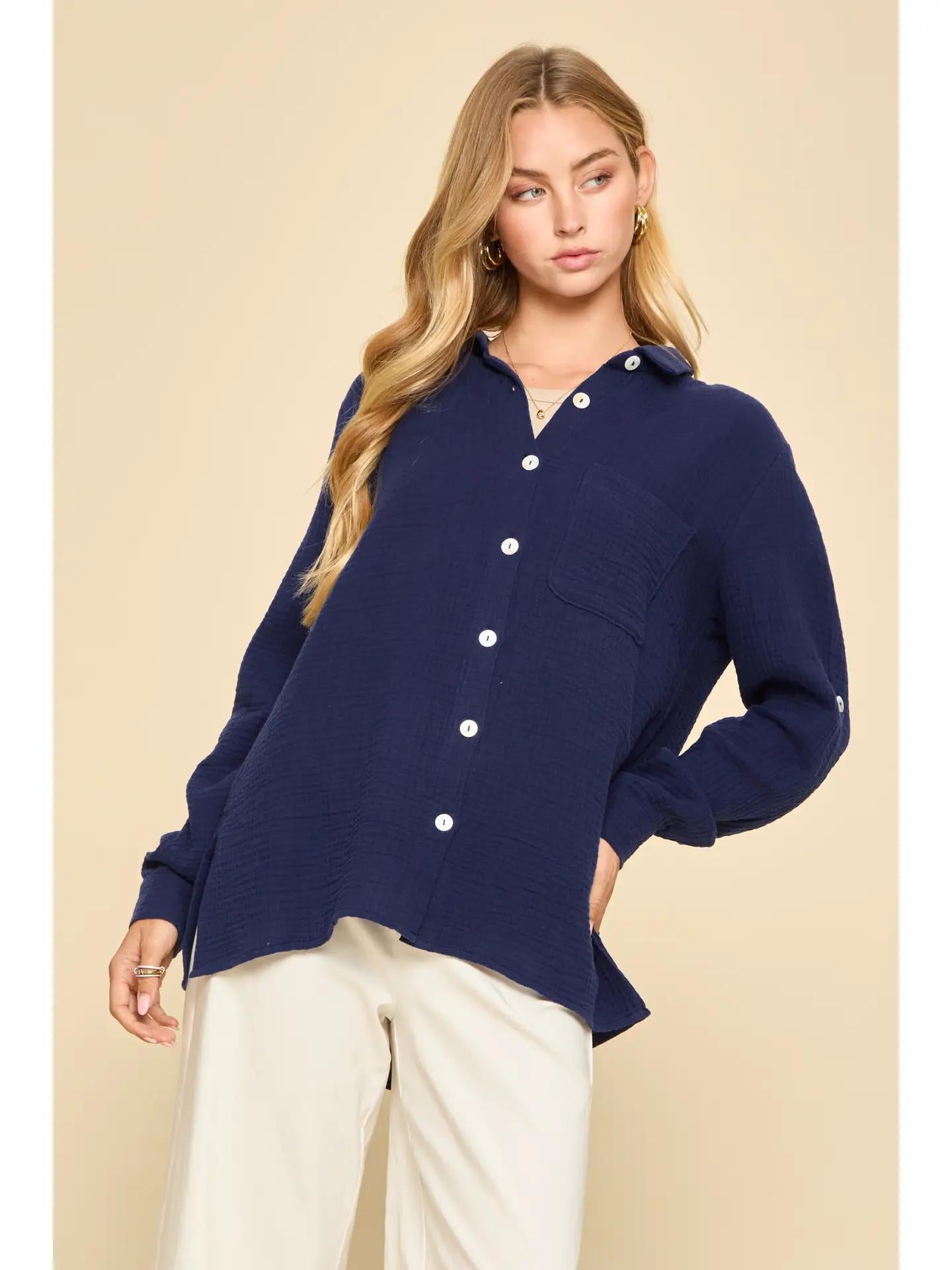 Coastal Navy Breathable Cotton Button-Down Top