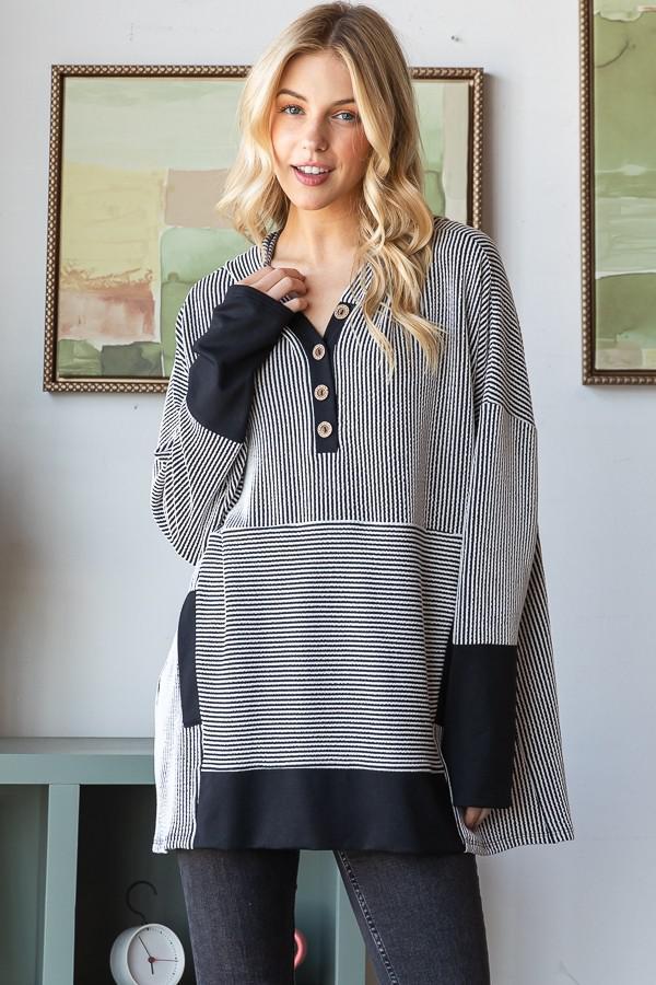 Long Sleeve Stripe Solid Contrast Hoodie