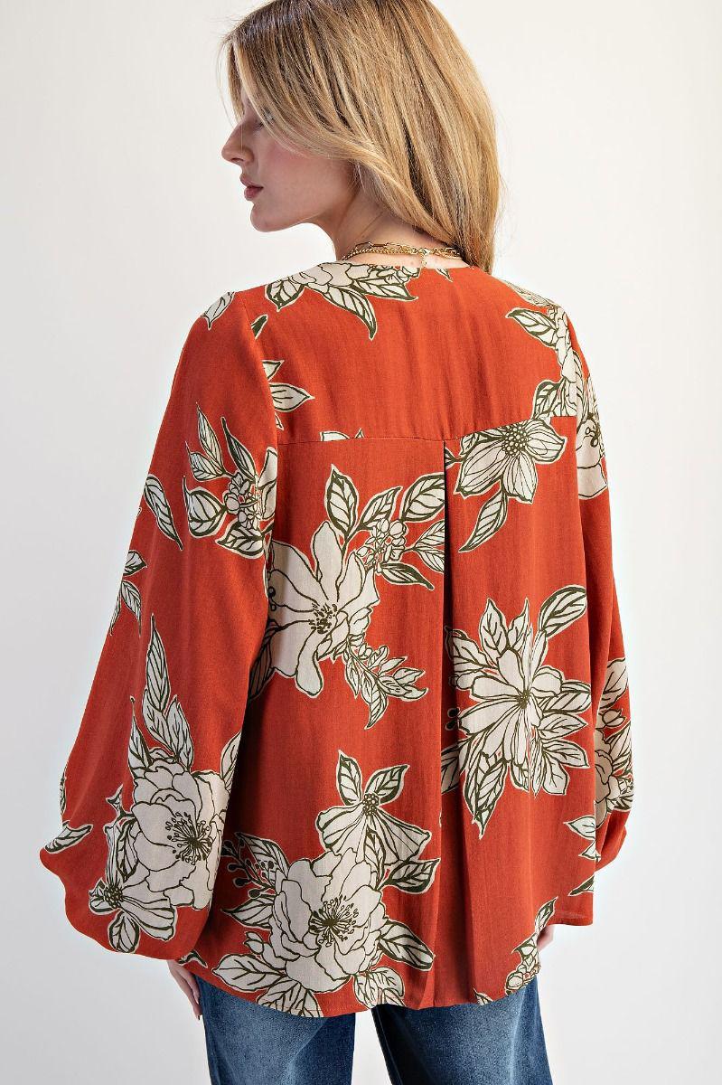 Rust Floral Printed V-Neck Blouse