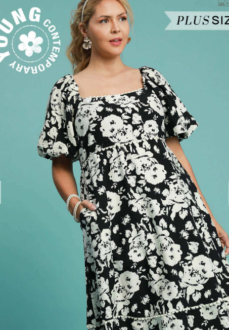 Plus Black Floral Print Midi Dress