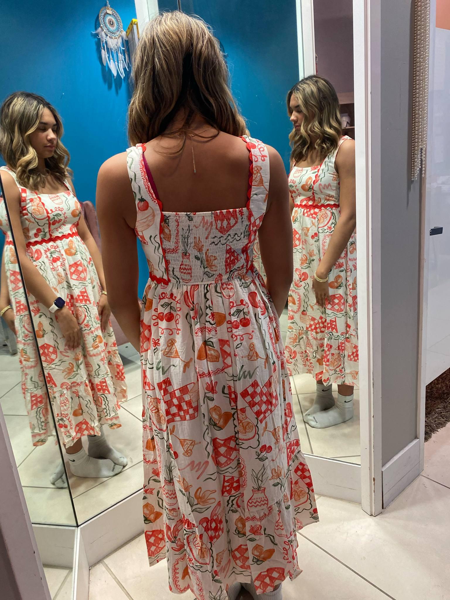 PICNIC PRINT SCALLOP MIDI DRESS