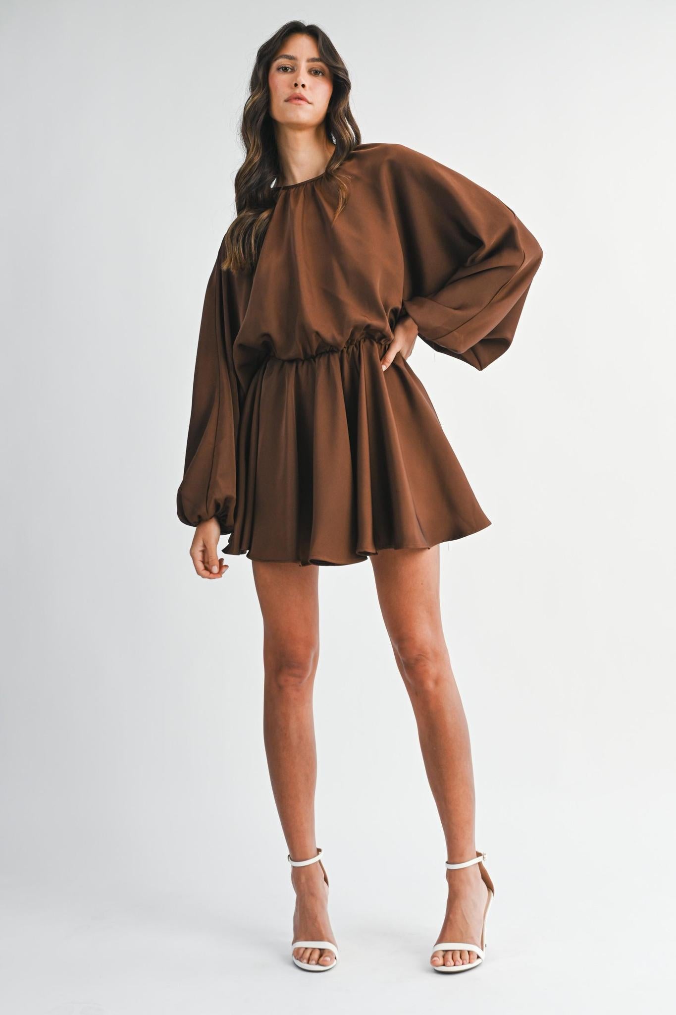 Chocolate Satin Balloon Long Sleeve Mini Dress