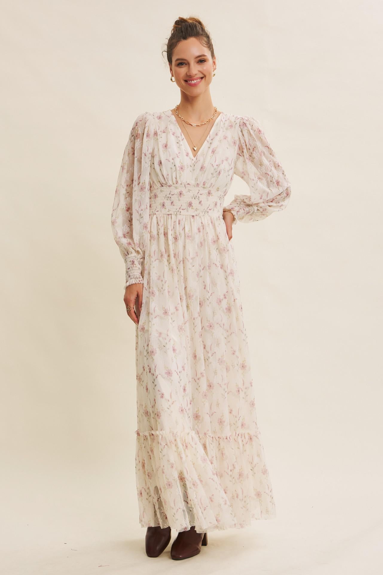 Dreamy Floral Mesh Maxi Dress With Smocked Waist