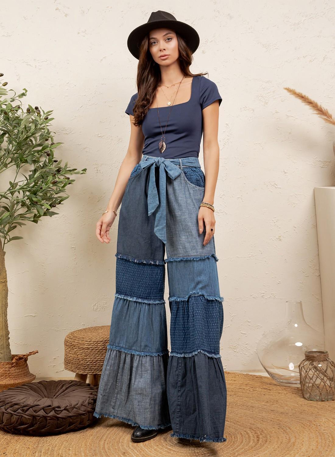 Boho Mixed-wash Multi-tier Denim Tie-waist Bell-bottom Pant