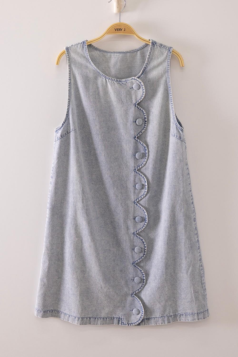 Scallop Button Washed Denim Mini Dress