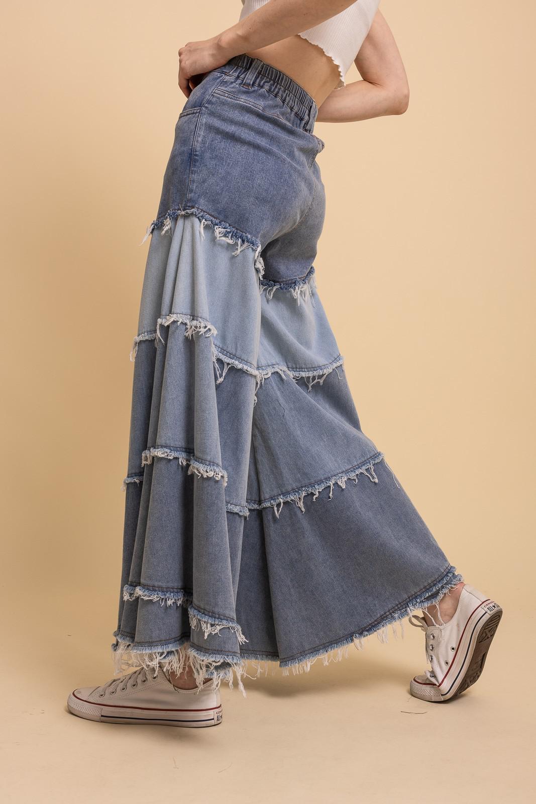 Tiered Contrast Denim Wide Leg Pants