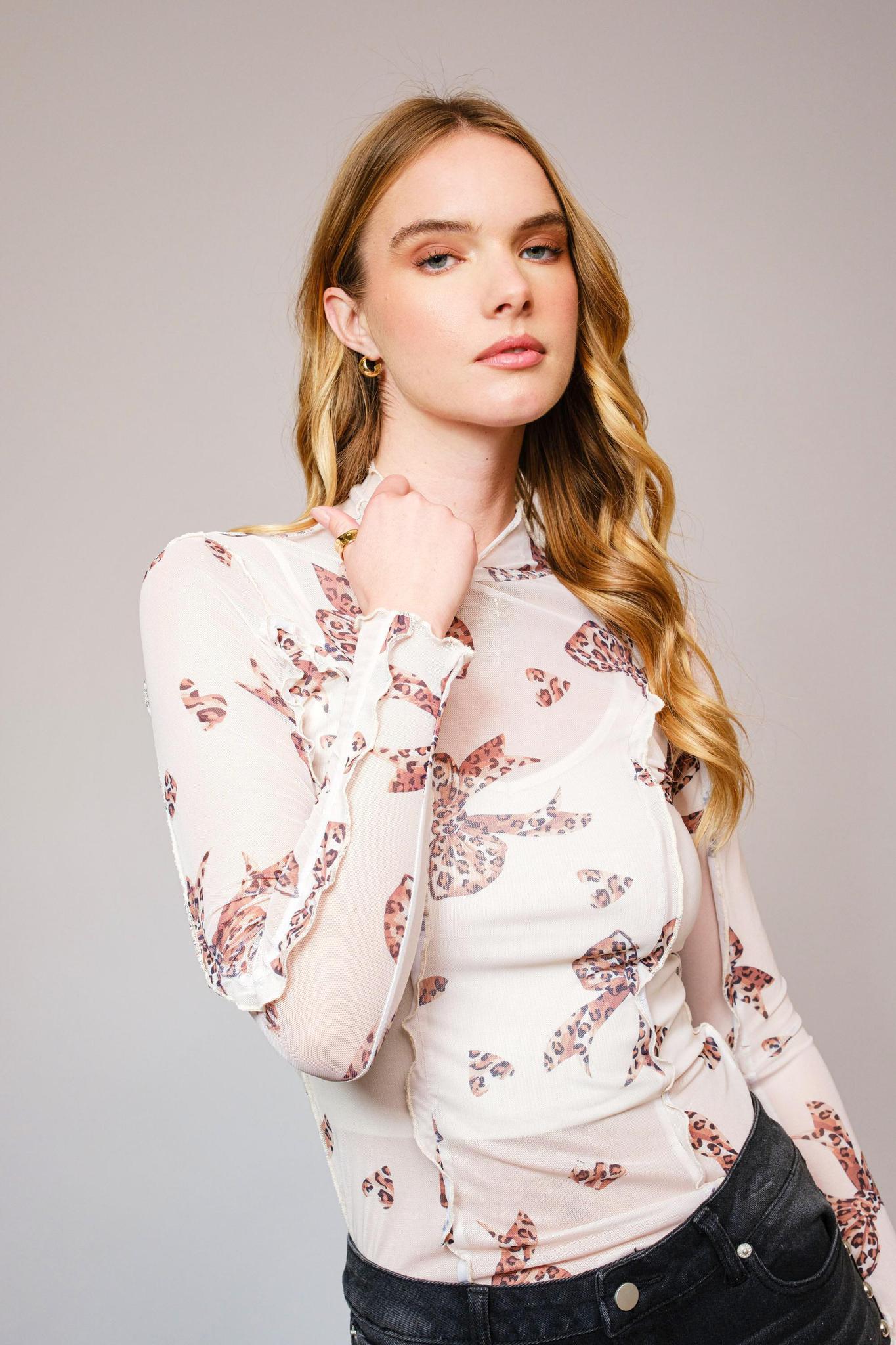 Mesh Leopard Bow Print Mock Neck Top