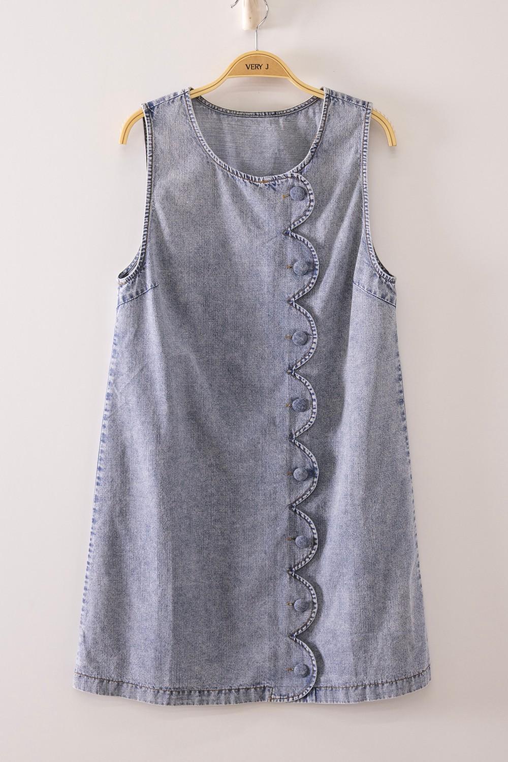 Scallop Button Washed Denim Mini Dress