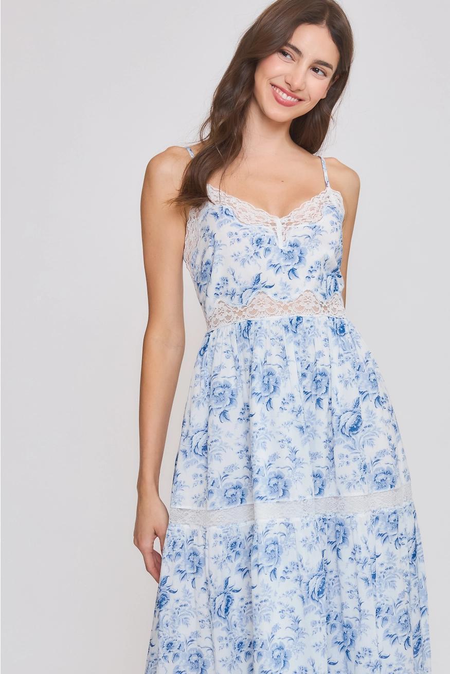 Blue Floral Midi Dress with Lace Trim