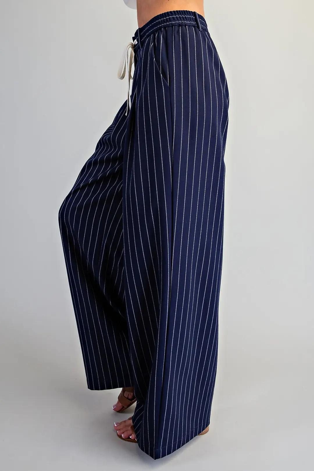 Navy Pinstriped Front Tie Pants