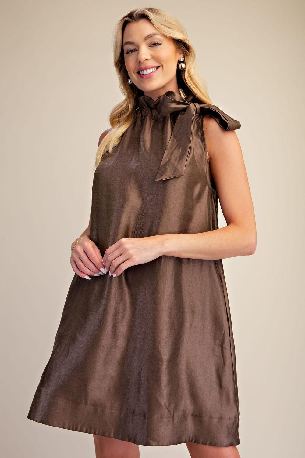Mocha Ruffle Tie Neck Sleeveless Side Pocket Mini Dress