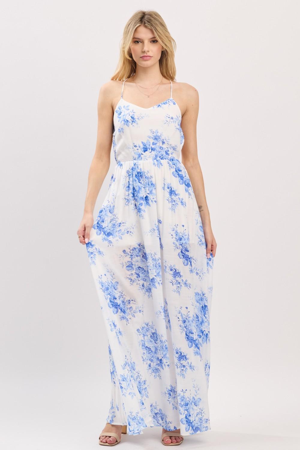SLEEVELESS BLUE FLOWER PRINT MAXI DRESS