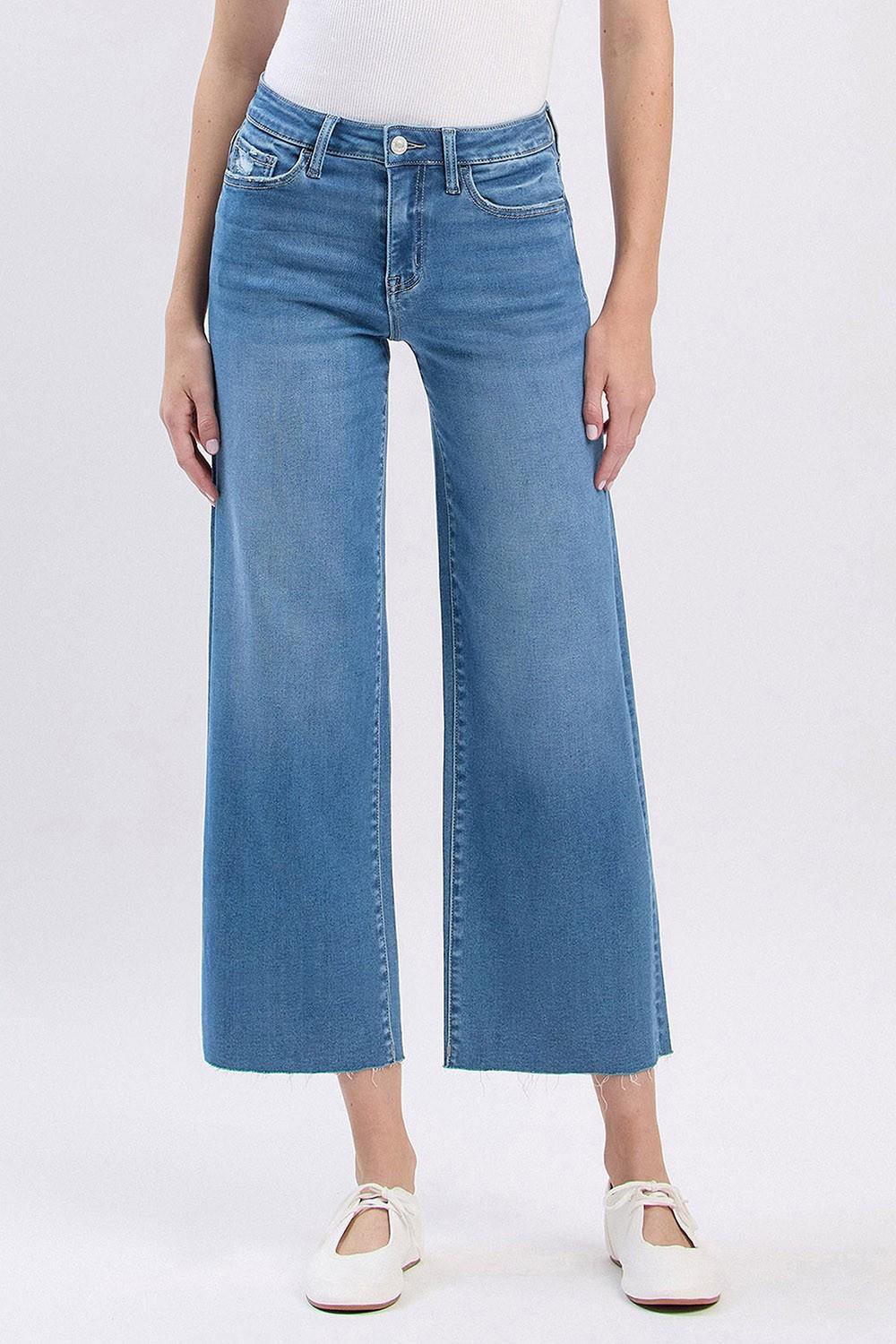High Rise Clean Cut Raw Hem Crop Slim Wide Jeans