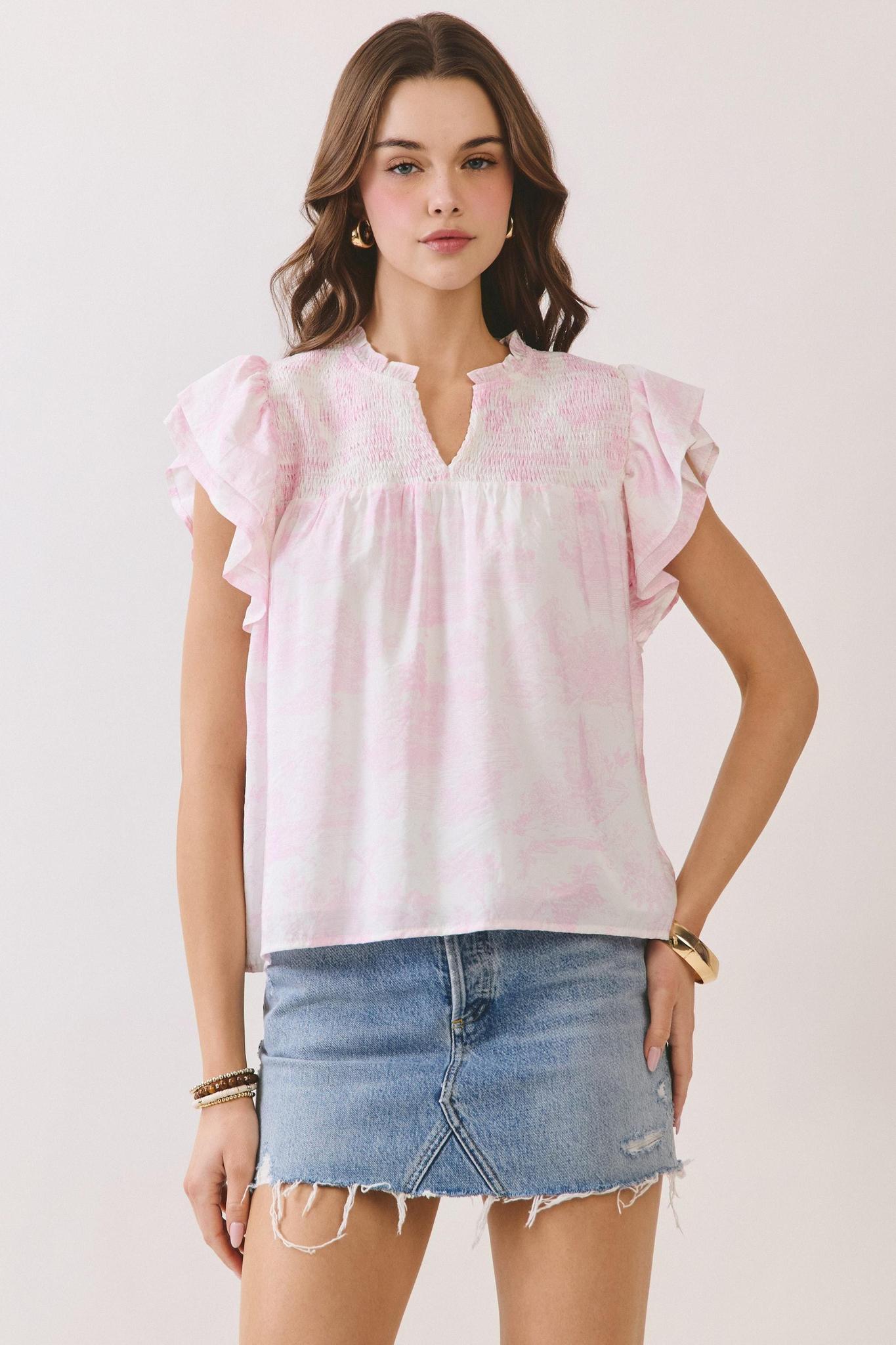 Pink Toile Smocked Ruffle Sleeve Blouse