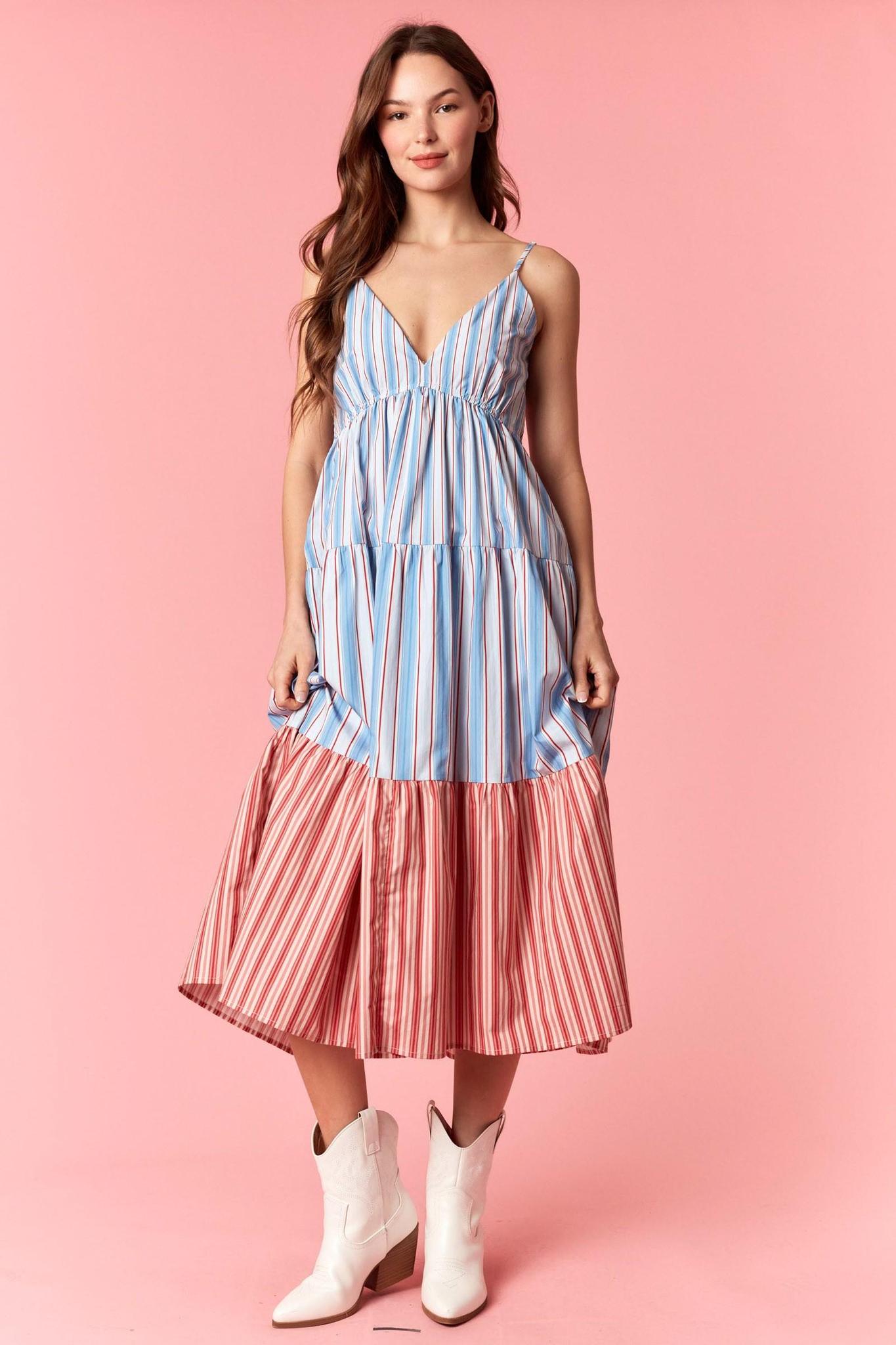 Multi Stripe Color Block Front Bow Tie Dress