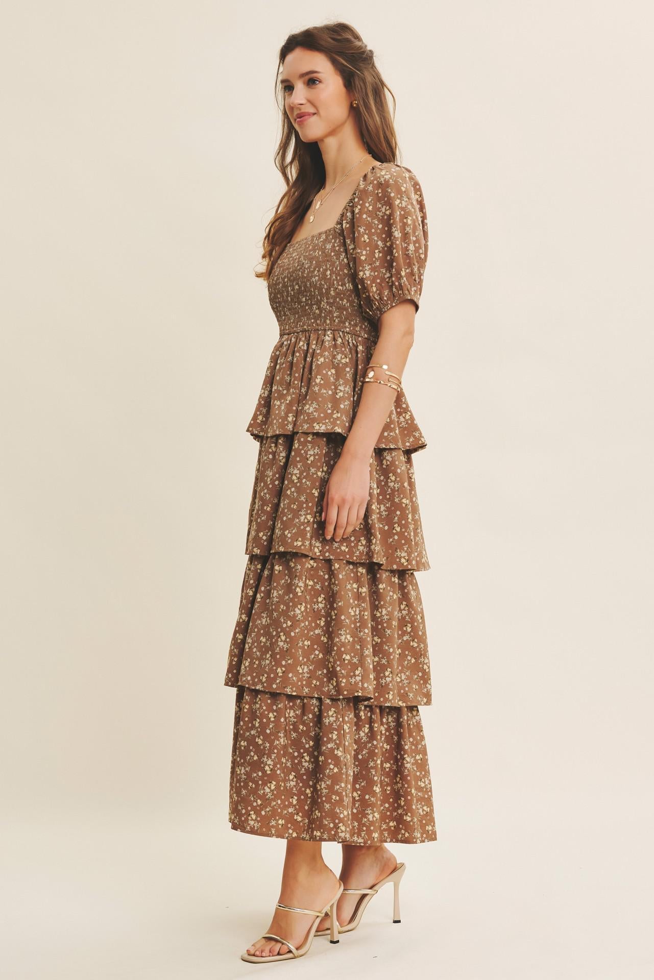 Victorian Mocha Smocked Maxi Dress