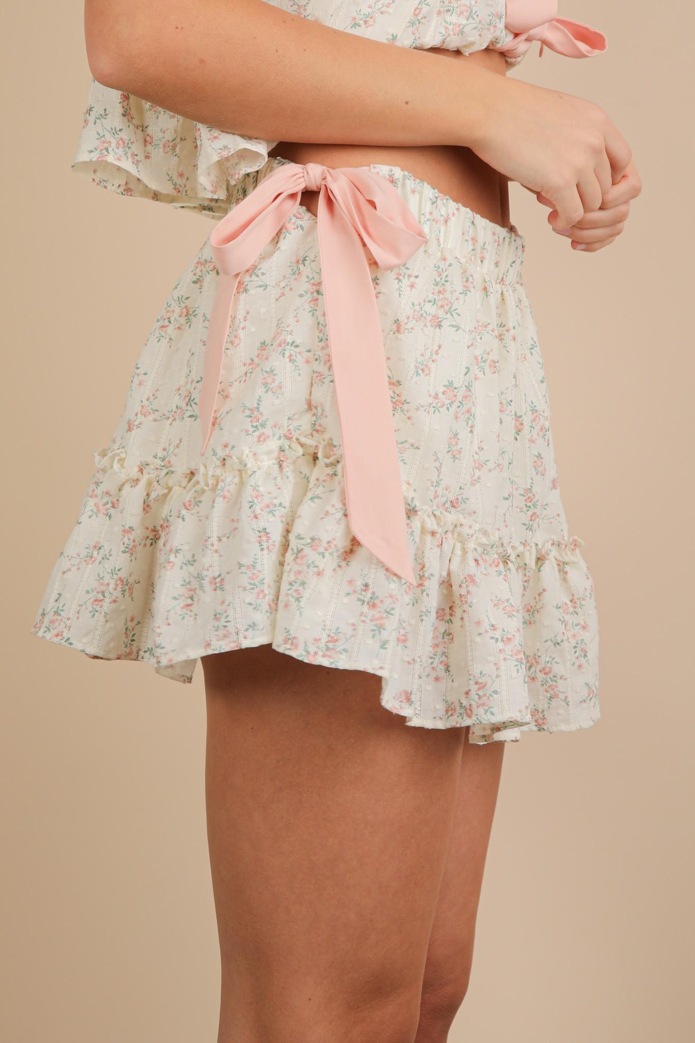 Floral Print Side Bow Mini Skirt W/ Shorts