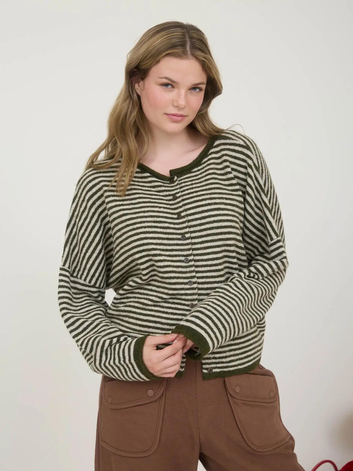 Stripe Raw Edge Drop Shoulder Knit Cardigan