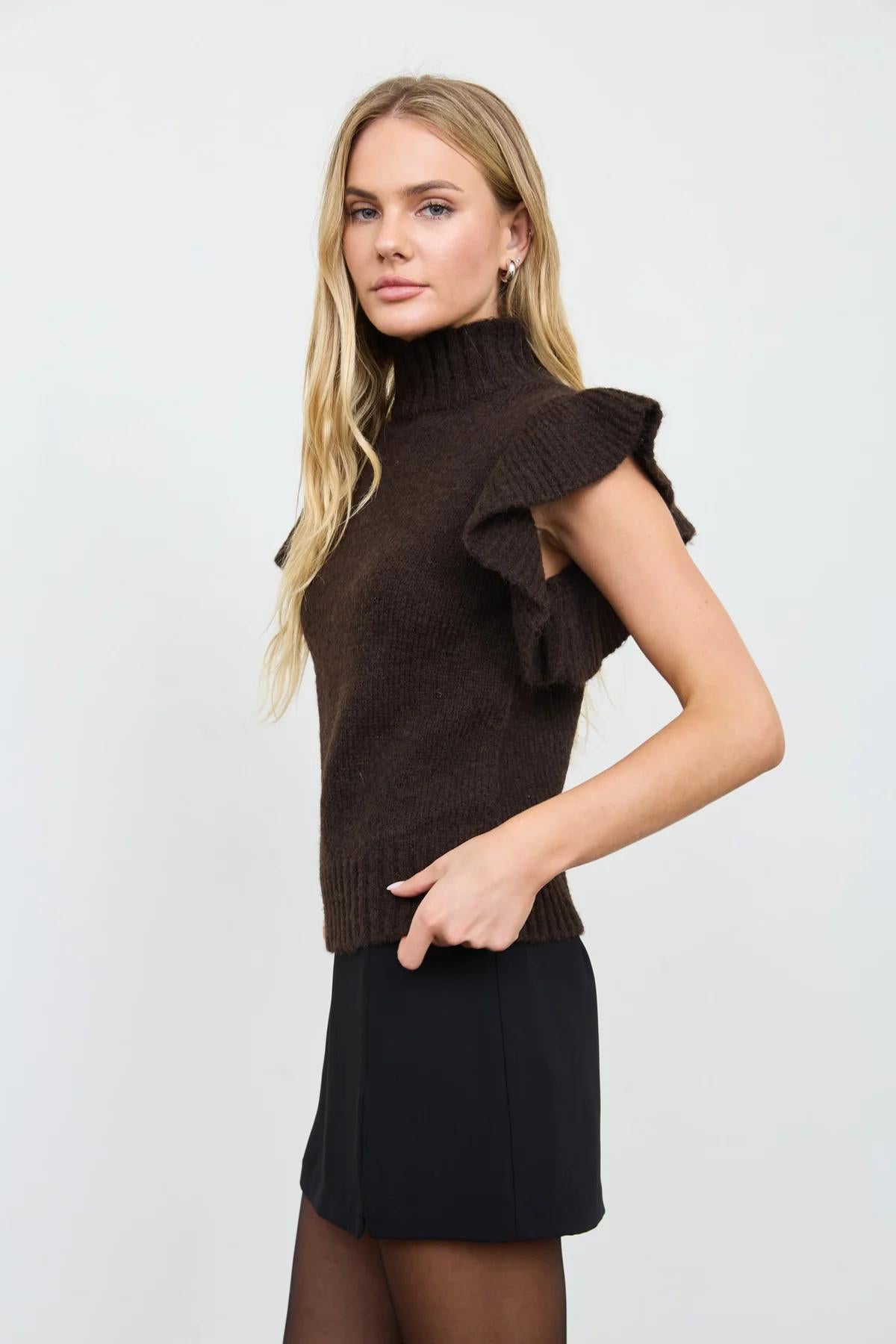 DARK BROWN RUFFLE SLEEVE MOCK NECK RIBBED SWEATER