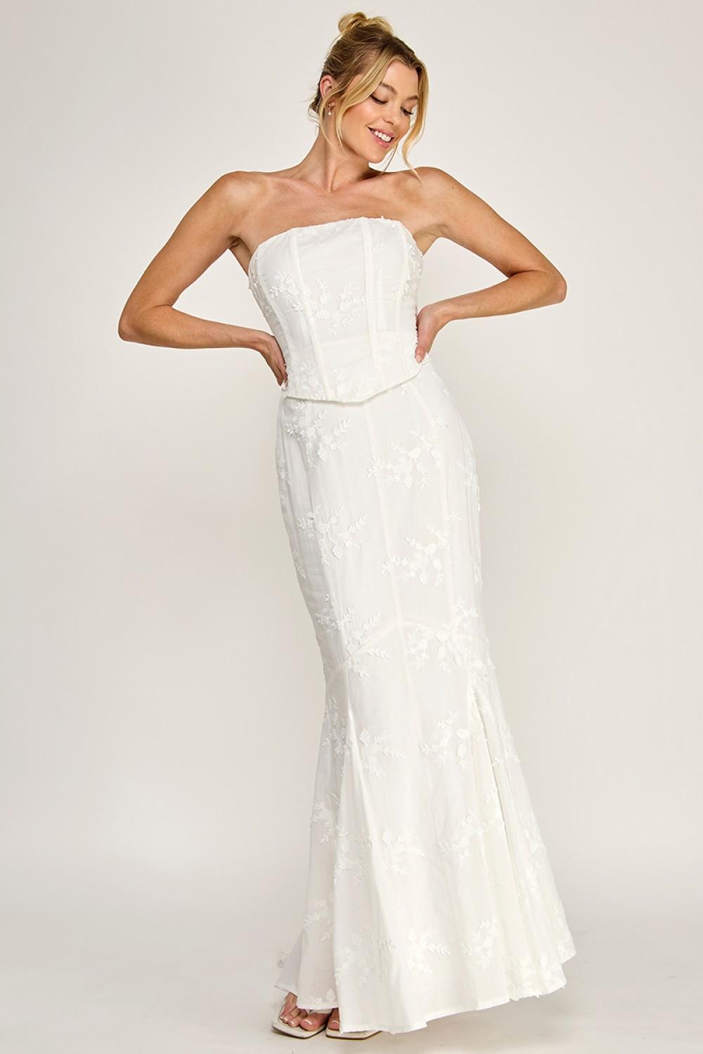 IVORY EYELET STRAPLESS CORSET LACE- UP MAXI DRESS