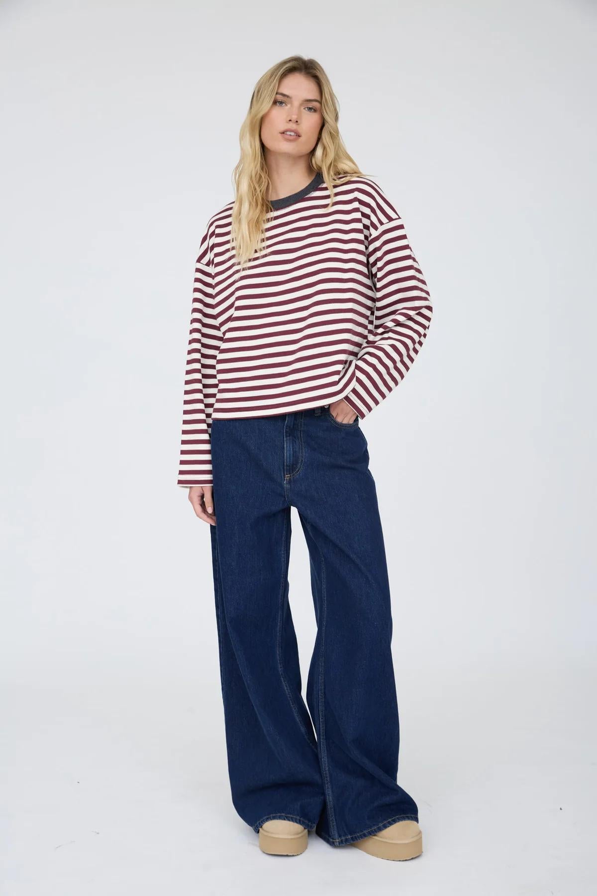 COLOR BLOCK NECK TRIM LONG SLEEVE BOXY KNIT TOP