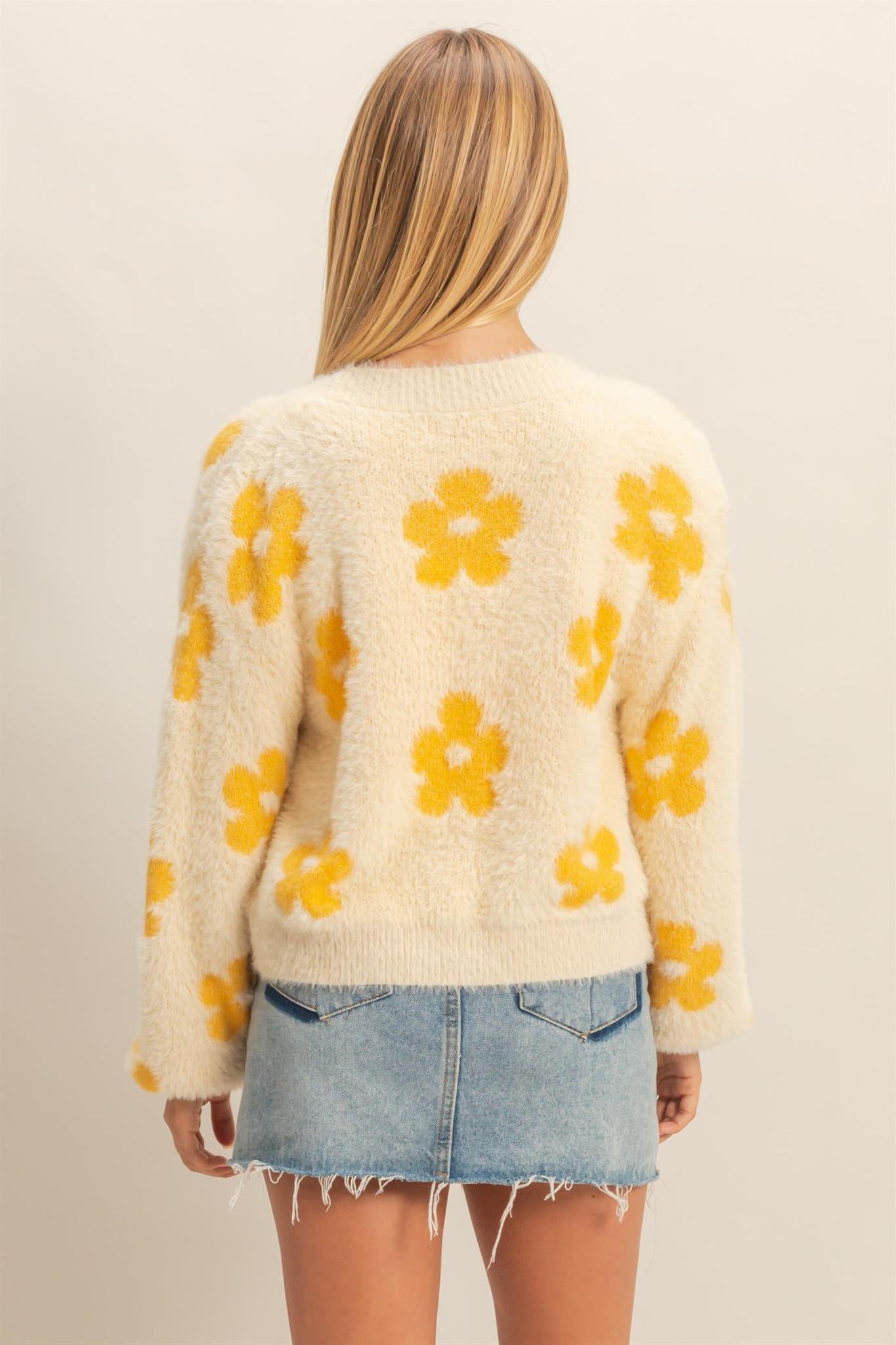 Yellow Floral Pattern Fuzzy Sweater Cardigan