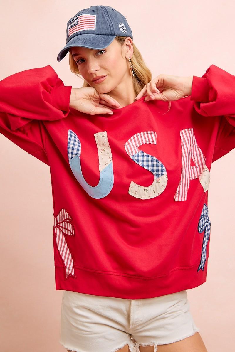 Red 4th of July Pattern Patch Bow Sides Sweatshirt