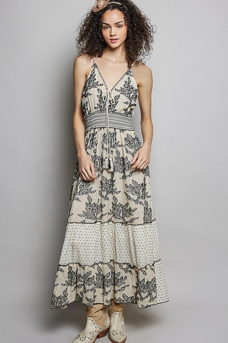 Handcrafted Touch Tassel Tie Smocked Waistband Maxi Dress