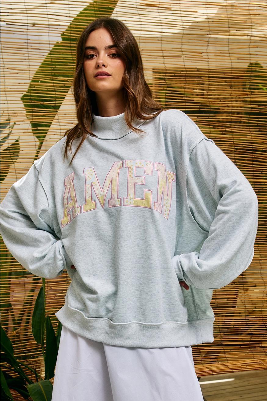 'Amen' Embroidered Patchwork Mock Neck Sweatshirt