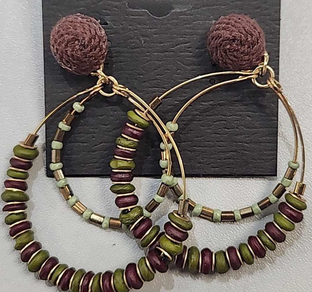 Brown & Green Beaded Hoops