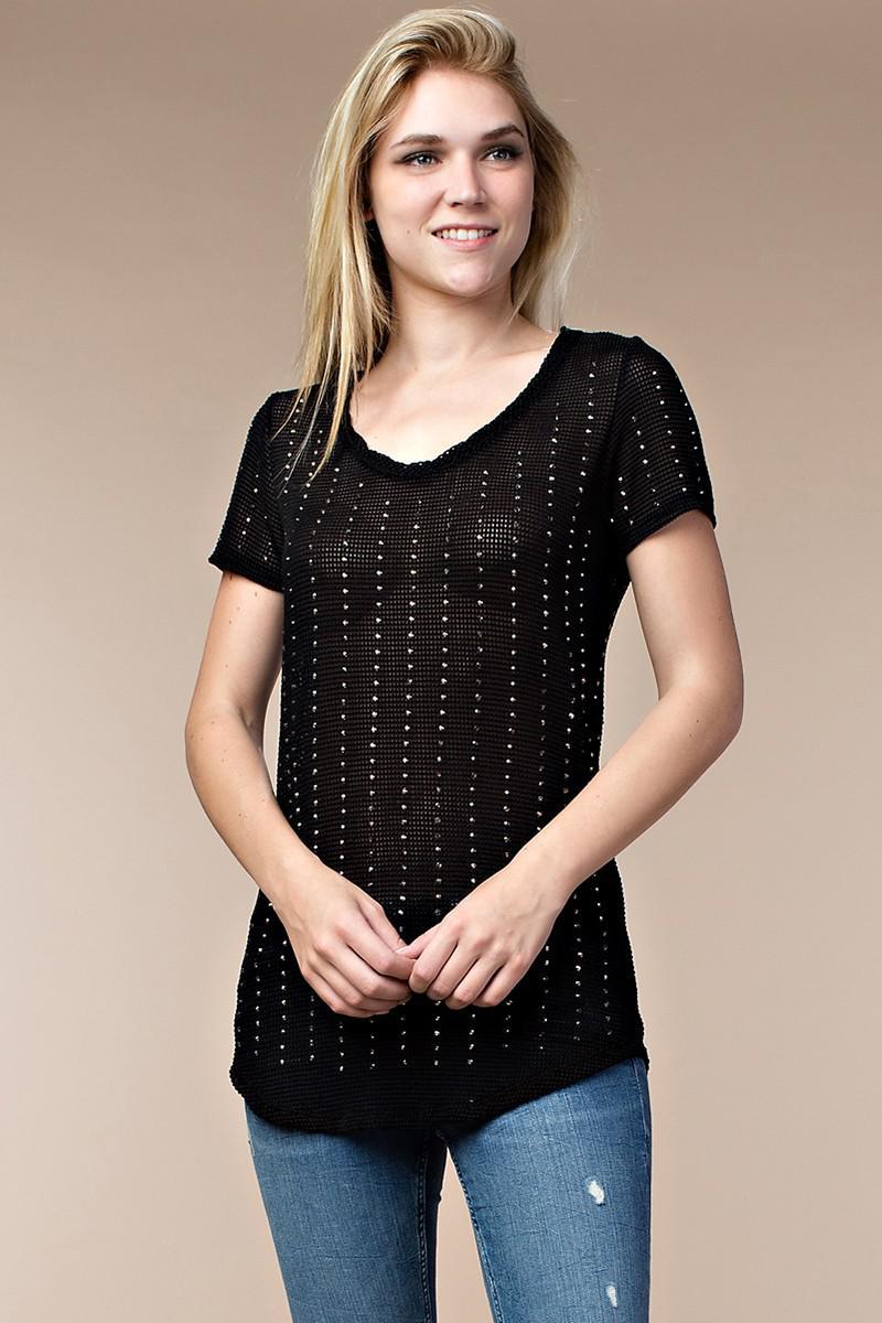 Navy Mesh Rhinestone Top