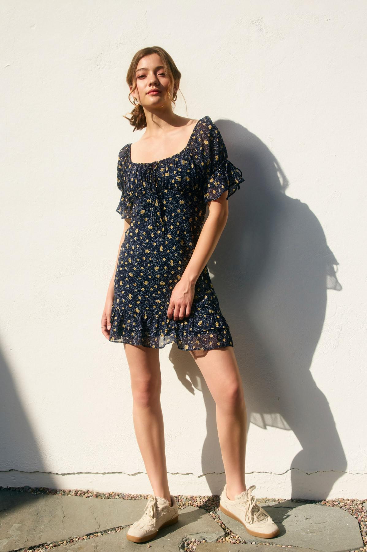 Dot And Floral Tie Front Dress