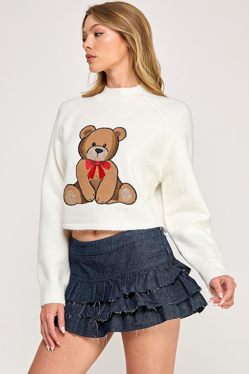 Bear Red-Bow Mock Neck Sweater