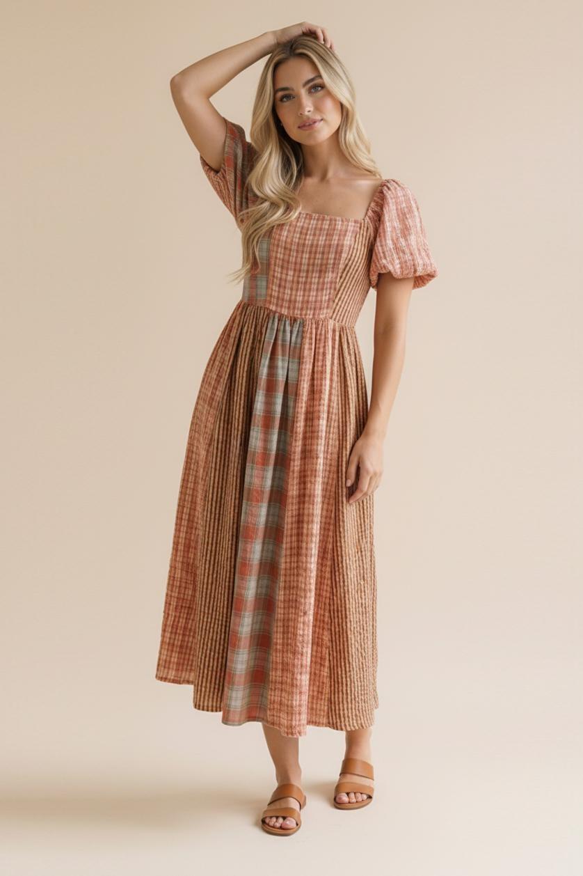 Square Neck Stripe Plaid Check Color Block Dress